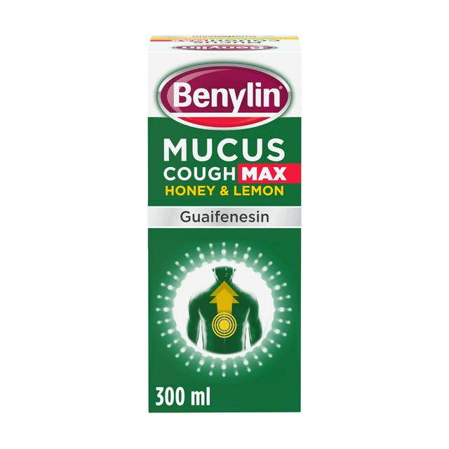 Benylin Mucus Cough syrup bottle with green label, designed for relief of chesty coughs and mucus buildup.