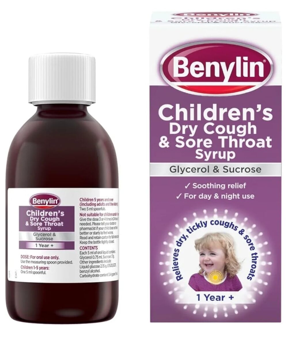 Benylin Children's Dry Cough & Sore Throat Syrup 1+ Year - 125ml, in a purple and white, providing relief from dry cough and sore throat.