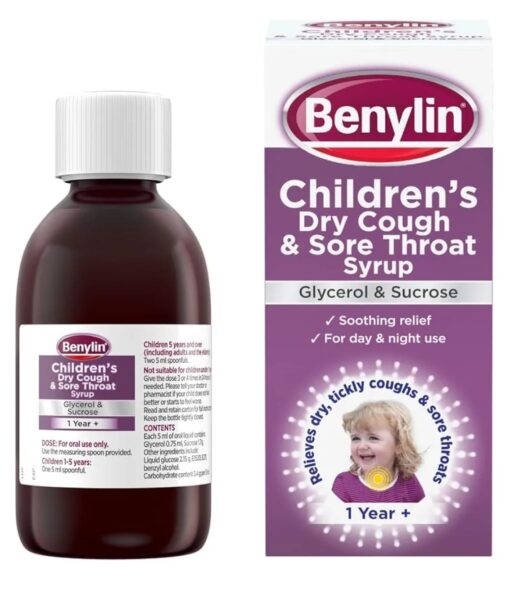 Benylin Children's Dry Cough & Sore Throat Syrup 1+ Year - 125ml, in a purple and white, providing relief from dry cough and sore throat.